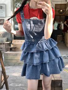 DAZY Women's Solid Color Square Neck Sleeveless Ruffle Hem Denim Summer Dress - Blue - View 3