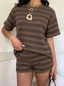 SHEIN EZwear 条纹针织休闲女装套装 - 巧克力棕 - 查看 5