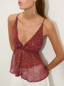 Nöista Áo hai dây cổ yếm mỏng nhẹ in họa tiết màu gỉ sắt và điểm nhấn vàng, thiết kế cổ chữ V và eo tôn dáng. Thích hợp cho mùa xuân, hè, đi chơi tối, đi nghỉ mát, phong cách boho, lễ hội, kỳ nghỉ. - màu nâu - Xem 3