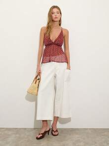 Nöista Áo hai dây cổ yếm mỏng nhẹ in họa tiết màu gỉ sắt và điểm nhấn vàng, thiết kế cổ chữ V và eo tôn dáng. Thích hợp cho mùa xuân, hè, đi chơi tối, đi nghỉ mát, phong cách boho, lễ hội, kỳ nghỉ. - màu nâu - Xem 5