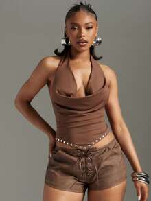 Denimoi Top halter con cuello de pañuelo, con tachuelas, sexy, para vacaciones, salidas nocturnas y citas - Café integral - Ver 1
