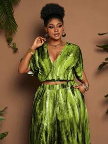 Maweii Conjunto informal de 2 piezas de talla grande para mujer, blusa de manga corta y pantalón largo estampado, para vacaciones - Verde - Ver 3