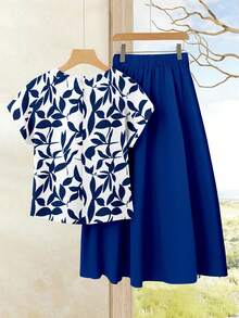 Rusticease 两件套女士休闲树叶图案印花短袖衬衫上衣搭配同色系纯蓝色长裙，夏季度假套装 - 彩色 - 查看 2