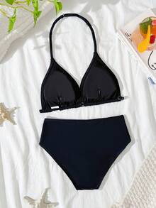 SHEIN Tween Girls Bikini Sets, Black Knit Fabric Triangle Halter Neck Swimsuit Two-Piece Suit, Fashionable Casual Elegant Suitable For Swimming, Beach, Holiday - Black - View 2