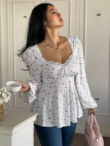Sunnyshic Plus Size Square Collar Ruffle Patchwork Ditsy Floral Long Sleeve Puff Sleeve A-Line Elegant Vintage Casual Cute Party Women T-Shirt - Multicolor - View 5