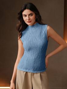 Anewsta Women's Fashion Solid Color Textured Fabric Sleeveless Ruffled Collar Fitted Tank Top - Blue - View 3