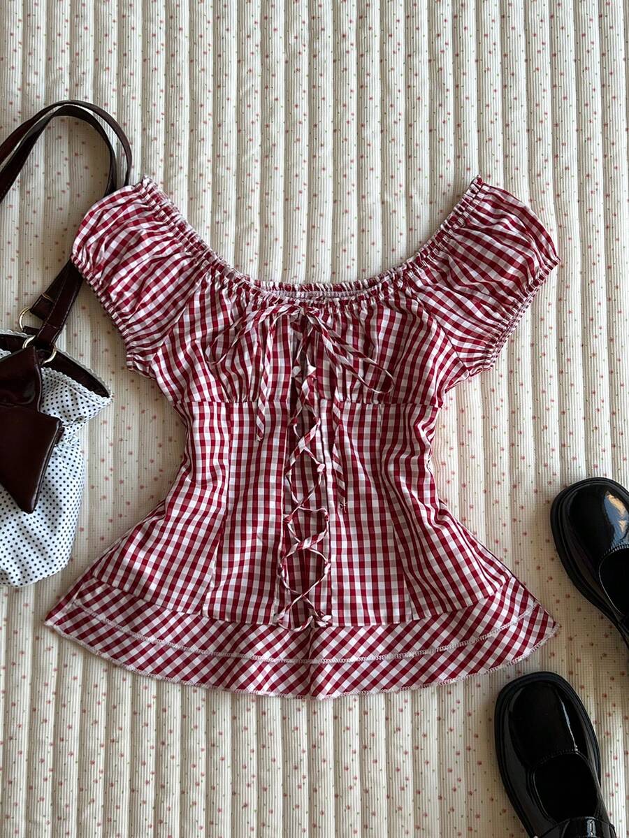 Glimmora Women's Plaid Knotted Casual Versatile Daily Wear Top - Red and White - View 1