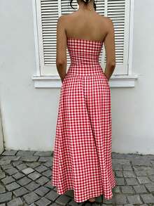 MainGRL 女士红白格子印花荷叶边下摆无肩带连衣裙，适合度假、秋季时尚、婚礼宾客着装、生日装、户外活动、乡村风格、春夏穿着。 - 彩色 - 查看 2