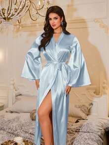 LuxeNights Áo choàng dài rộng rãi, thanh lịch kiểu Pháp, đồ ngủ nữ. - Màu xanh lam - Xem 5
