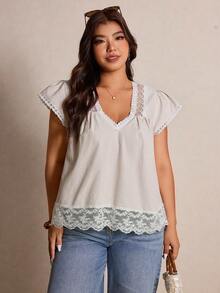 Elaquor Plus Size Multicolor Woven Fabric Flounce Short Sleeve V Neck Blouse With Ruffle Hem And Lace Details - Multicolor - View 6