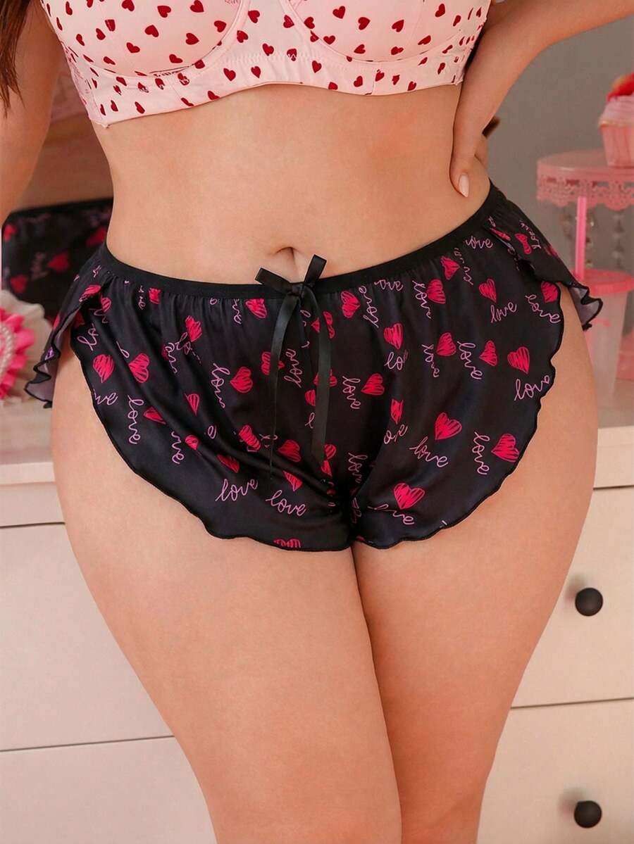 PetitDoll 大码女式粉色爱心装饰侧开衩舒适家居服平角内裤 - 黑色 - 查看 1