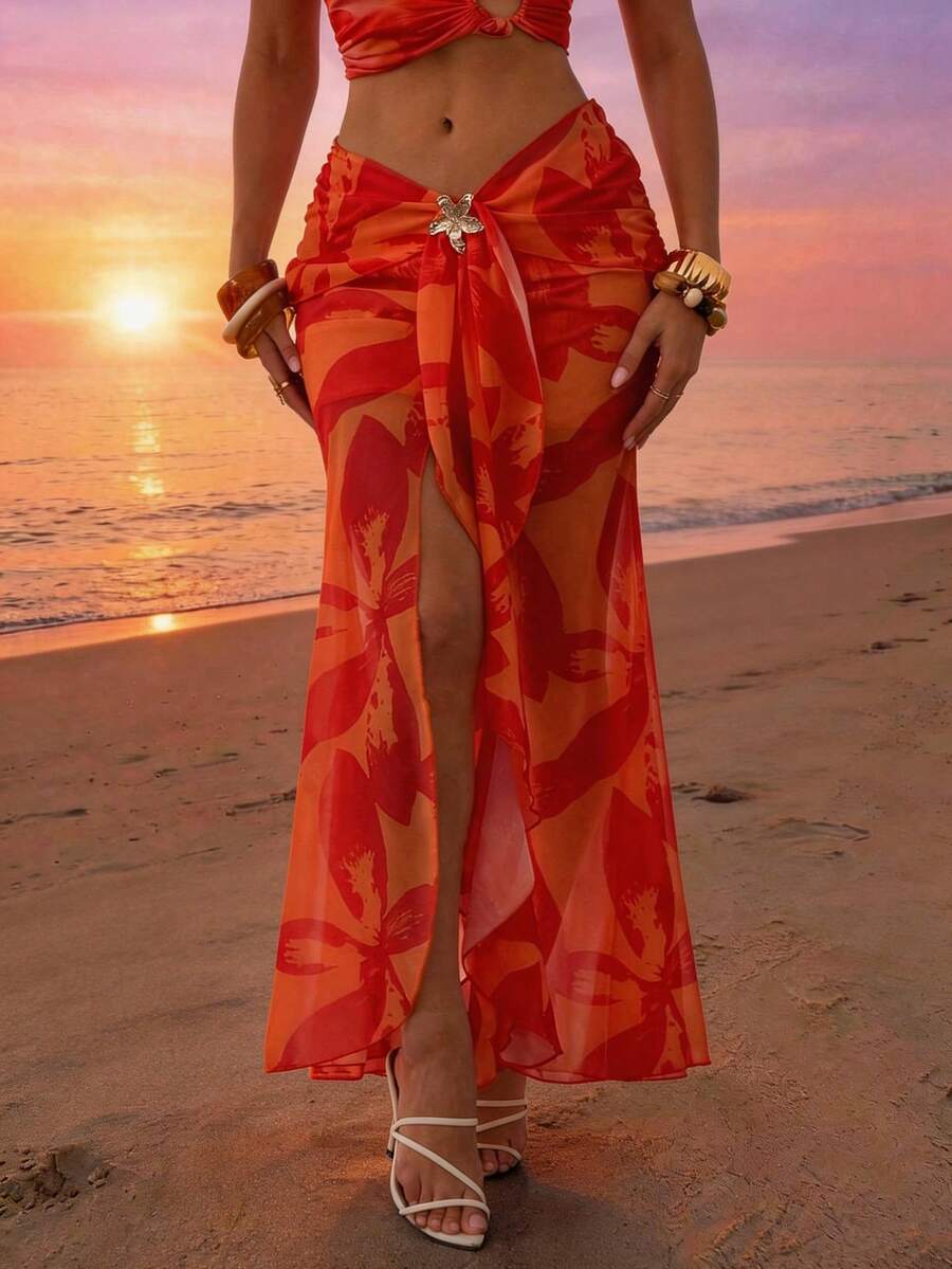 Bluhae Fashionable Sexy Vacation Print Metal Buckle Asymmetrical Hem Women Skirt - Orange - View 1