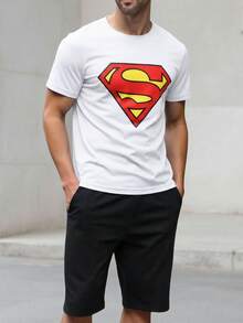 SUPERMAN X SHEIN Men's Minimalist Printed Round Neck Short Sleeve T-Shirt - White - View 5