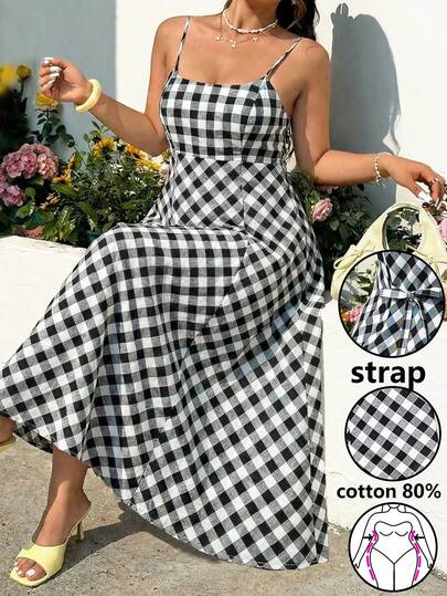GalTyme 大码休闲格子吊带连衣裙