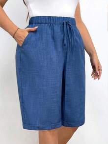 SHEIN Tall CURVE 大码休闲纯色宽松裤 - 藍色 - 查看 8