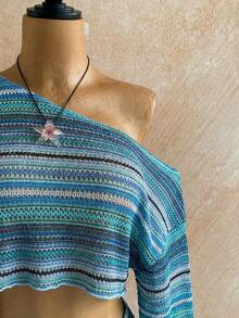 Soleia Bộ đồ 2 món dành cho nữ đi nghỉ mát biển, gồm áo crop top và quần short kẻ sọc cổ lệch. - Màu xanh lam - Xem 6