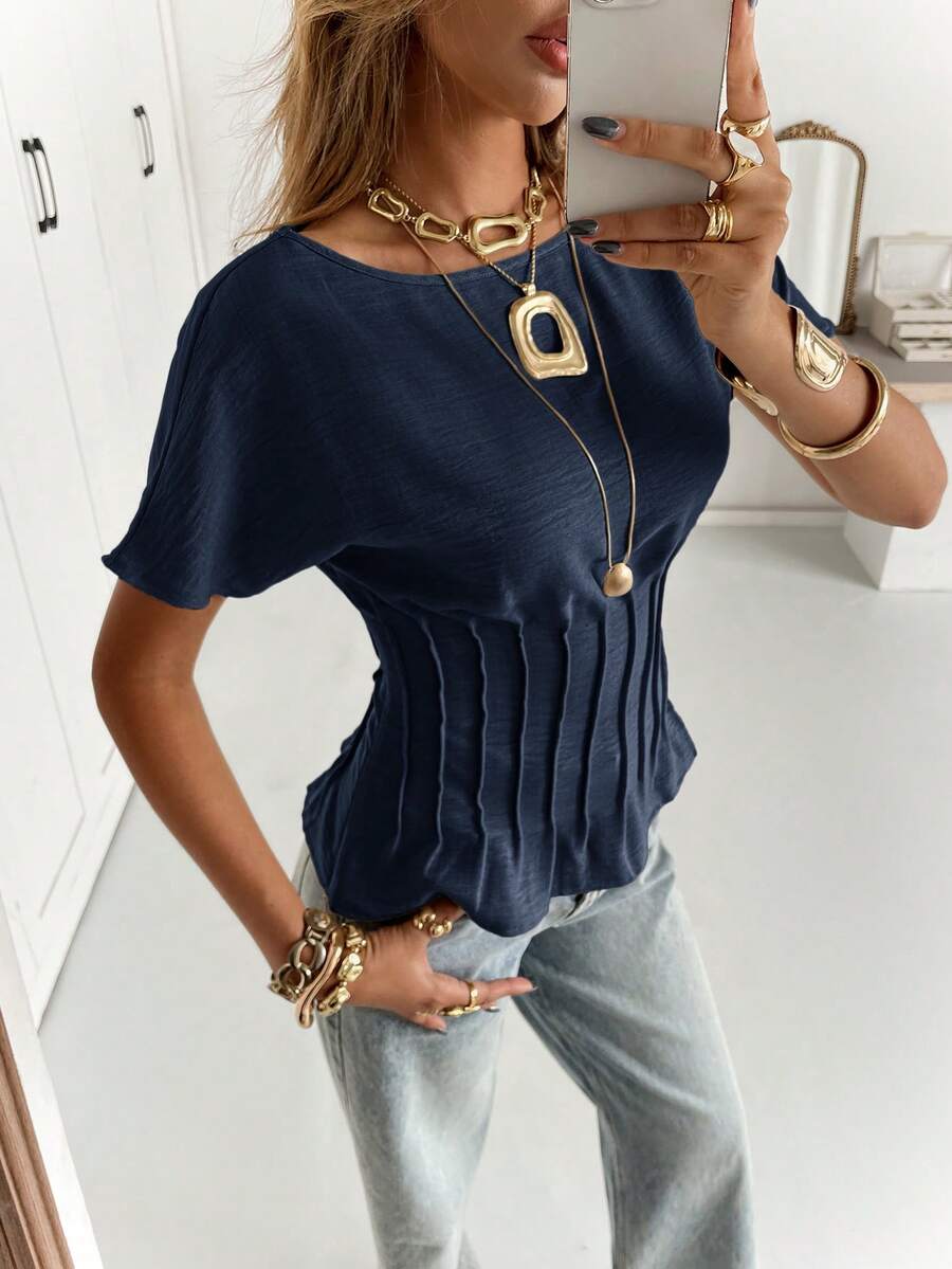 Siren Gaze Women's Solid Color Round Neck Batwing Sleeve Cinched Waist Blouse,Summer Top - Grey - View 1