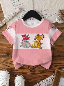 TOM & JERRY X SHEIN Áo thun ngắn tay in hình hoạt hình dành cho bé gái - trắng - Xem 1