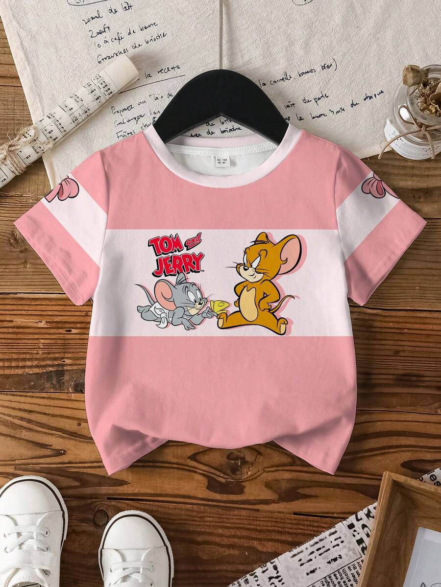 TOM & JERRY X SHEIN Áo thun ngắn tay in hình hoạt hình dành cho bé gái - trắng - Xem 1