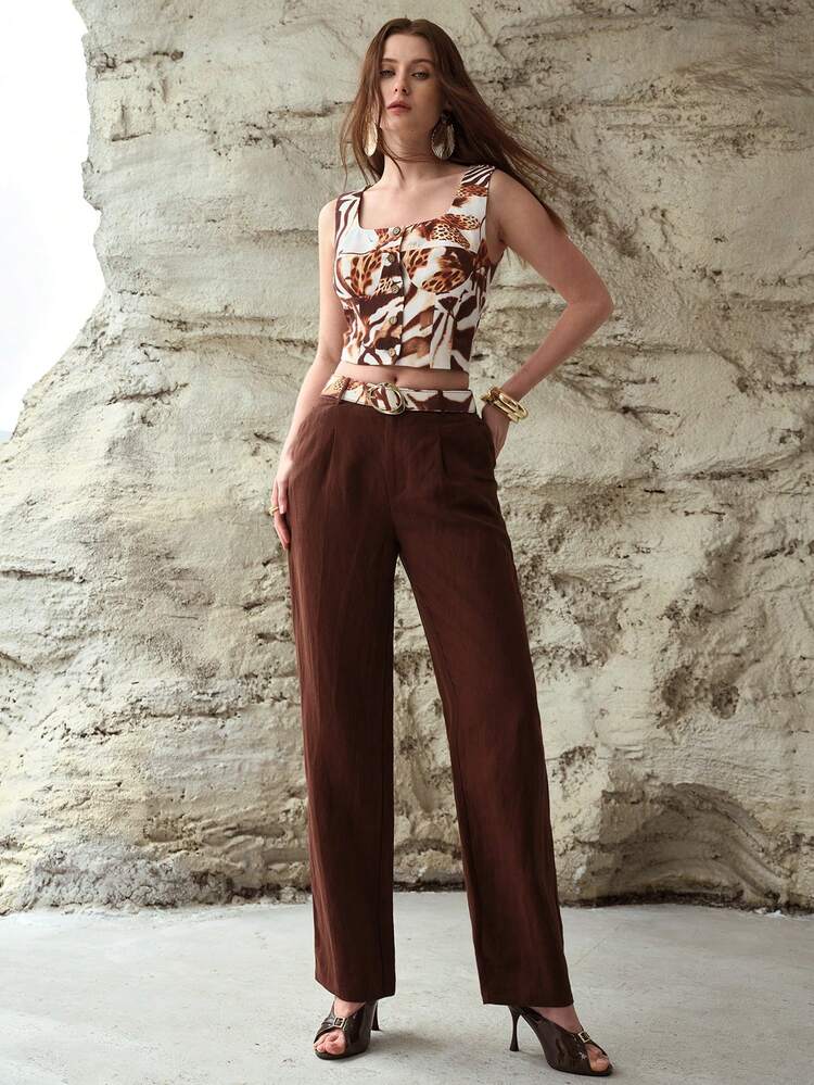 WOMEN'S LINEN PRINTED WOOD BUTTON TOP, SPRING/SUMMER