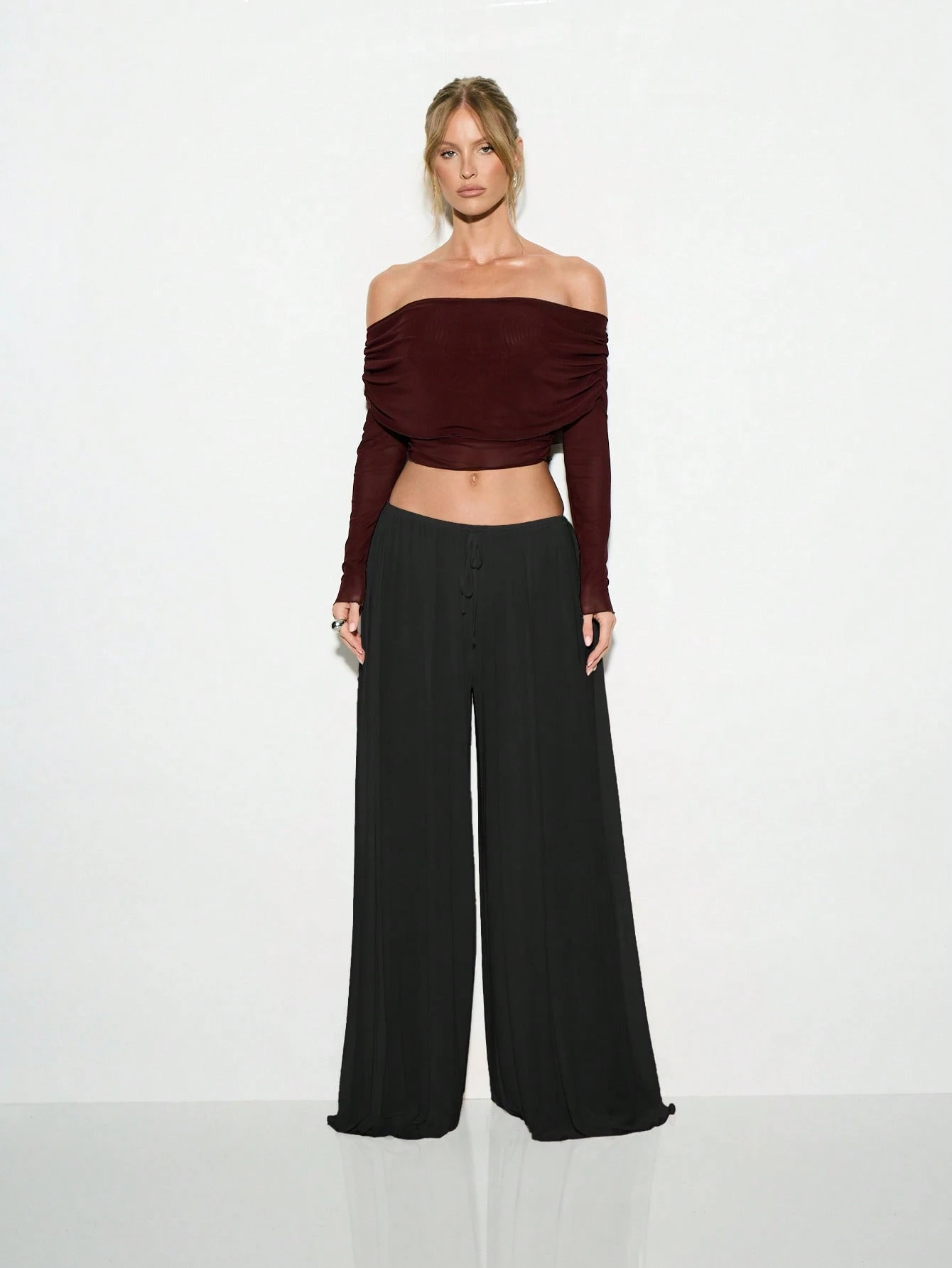 KIZN Calça Palazzo de perna larga, cintura alta e malha fluida