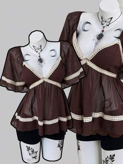 Sunspun Spring, Summer, Fall, Boho New Sweet Elegant Going Out Tops, Bow, Chiffon Fabric Patchwork Hollow Lace Trim With Tie Ruffle Hem Short Sleeve Blouse