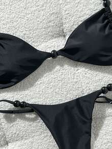 Swim Mod Black Fabric Bikini Set For Women With Plain Thongs And Tie Back Details - Black - View 4
