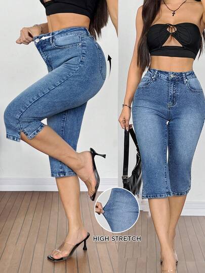 SHEIN Tall Women's High Waist Pocket Skinny Casual Versatile Cropped Jeans