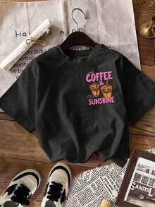 EMERY ROSE Camiseta de mujer "Café con hielo y sol", Camiseta de café con hielo, Amante del café - Negro - Ver 3