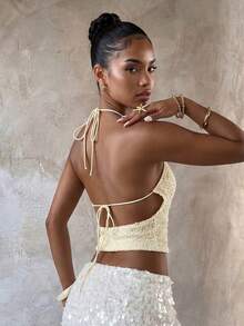 Aloruh Camiseta de tirantes con cuello drapeado y espalda descubierta de mujer, de unicolor albaricoque y textura de ganchillo - Albaricoque - Ver 2