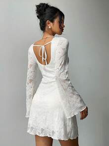 Aloruh Lukea Lace Long Sleeve Mini Dress Cream - Beige - View 7
