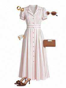GlowEve 女士条纹翻领A字连衣裙，优雅迷人，适合度假、通勤、音乐节、约会、法国里维埃拉、海滩、街头风格等各种场合，百搭实用，春夏新款浅粉色条纹中长连衣裙 - 彩色 - 查看 9