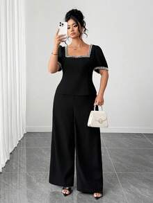 Elenzga 2pcs Plus Size Women's Elegant Sequin Satin Ribbon Square Neck Puff Sleeve Blouse,Slim Fit Long Palazzo Pants Set,Summer Black And White Wedding Guest - Black - View 7