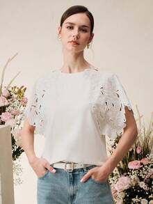 Anewsta 女士白色T恤，袖子设计别致，适合春夏约会穿着 - 白色 - 查看 5