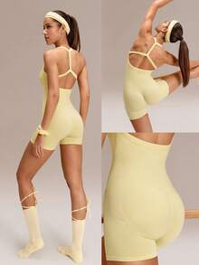 GLOWMODE 4.3" Ultrafine Soft Seamless Flow Free Ribbed Waist Compression Panels Removable Cups Scrunch Butt Lift Racerback Short Bodysuit Training Running Gym Yoga Studio Daily Active Wear - Yellow - View 10