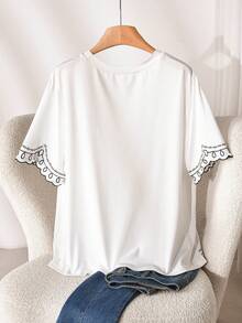 CosyJoli Plus Size Women's Embroidered Sleeve T-Shirt,Black And White Summer Elegant Tea Party,Casual White Short Sleeve Top,Cute Ladies Embroidered Clothing - White - View 2