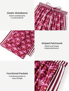LUVLETTE Versatile Daily Burgundy Floral Wide-Leg Pants - Stripe-Accented Lounge Trousers Multi-Wear Home & Casual Wear Curve Lingerie Culotte Pyjama - Pink - View 3