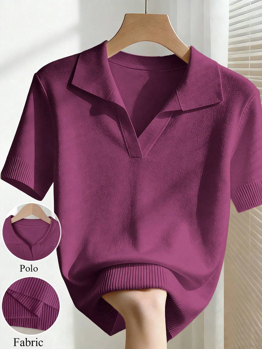 Franclia Women's Simple Solid Color Turndown Collar Short Sleeve Casual Fitted Knit Top, Versatile For Spring/Summer - Red Violet - View 1