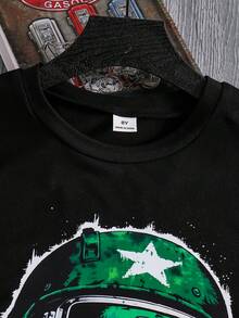 男童休闲运动宽松字母飞行员印花圆领短袖T恤和松紧腰字母印花短裤套装（2件套），男童摇滚朋克套装，青少年男童背心套装，男童T恤套装 - 黑色 - 查看 7