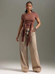 Denimoi Front Drape Tie Detail Top Concert Outfits Fashionable Streetwear It Girl - Brown - View 2