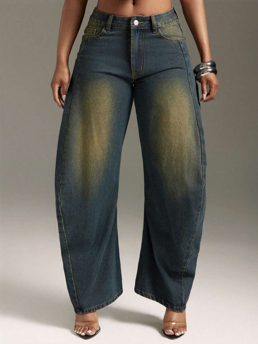 Denimoi Quần jeans ống rộng đã qua xử lý với đường may nhún ở mặt trong, phong cách đường phố thời trang. - Rửa trung bình - Xem 1