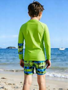 SHEIN Boys' Swimwear,Tropical Palm Tree & Letter Print Long Sleeve Rash Guard And Swim Trunks 2-Piece Set,Lime Green Summer Funny Beach Vacation Holiday - Green - View 2