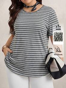 Zelara 大码圆领条纹印花短袖休闲日常秋季T恤旅行穿搭机场女装休闲套装女式短袖上衣女式上衣女式长款T恤女式条纹上衣女士条纹T恤宽松女式上衣女式短袖T恤女式衬衫 - 灰色 - 查看 1