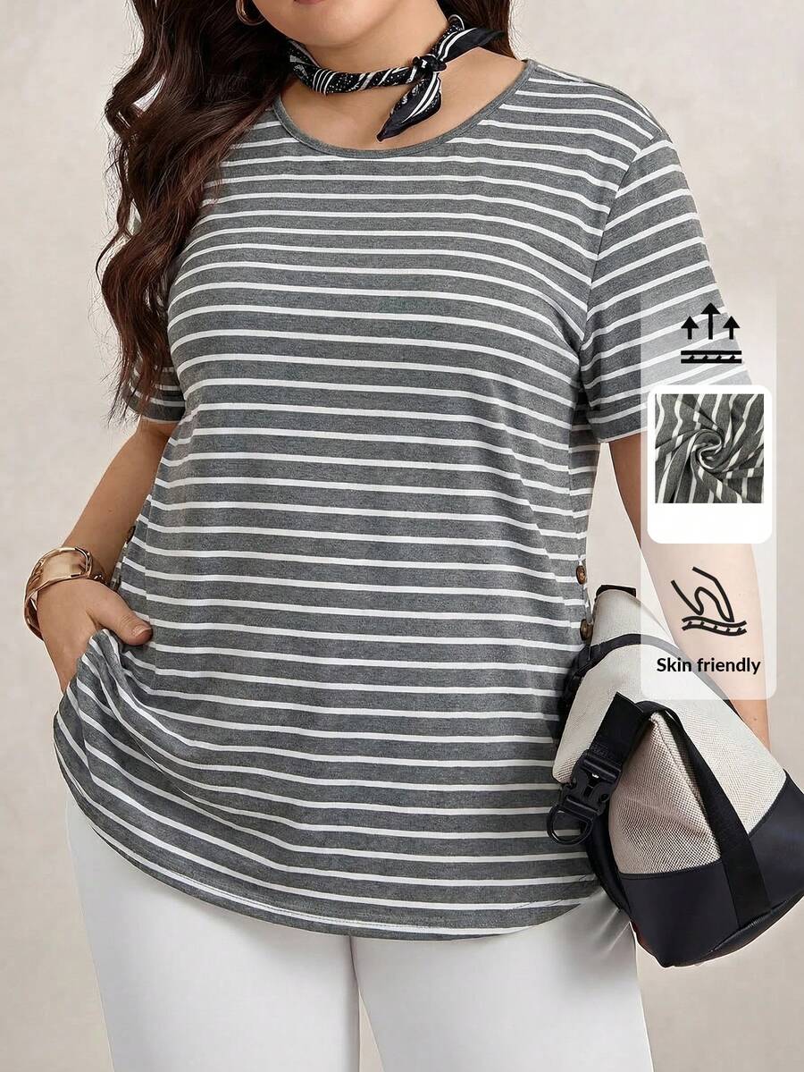 Zelara 大码圆领条纹印花短袖休闲日常秋季T恤旅行穿搭机场女装休闲套装女式短袖上衣女式上衣女式长款T恤女式条纹上衣女士条纹T恤宽松女式上衣女式短袖T恤女式衬衫 - 灰色 - 查看 1