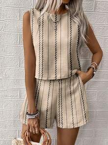 EMERY ROSE 2 件套女士宽松休闲条纹圆领背心和短裤套装，夏季，女士休闲纽扣常规版型杏色短裤女式两件套服装，春夏，休闲日常装 - 杏色 - 查看 4