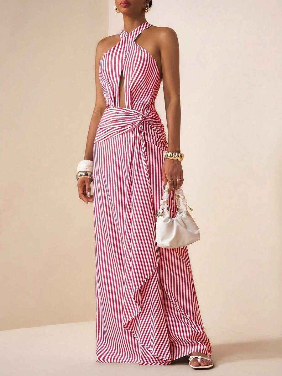 Zivah 2026春夏新款音乐节、复活节、圣帕特里克节、情人节、约会、西部风、游牧风、生日派对、毕业典礼、学院风、学生装、日常穿着、百搭基础款、休闲装、度假、邮轮旅行、海滩、日光浴、爆款、街头风、婚礼宾客、通勤族、早午餐、机场、派对、假日郊游、办公装、露背吊带、腰带、露背、条纹面料、蓝色条纹长裙 - 紅色 - 查看 1