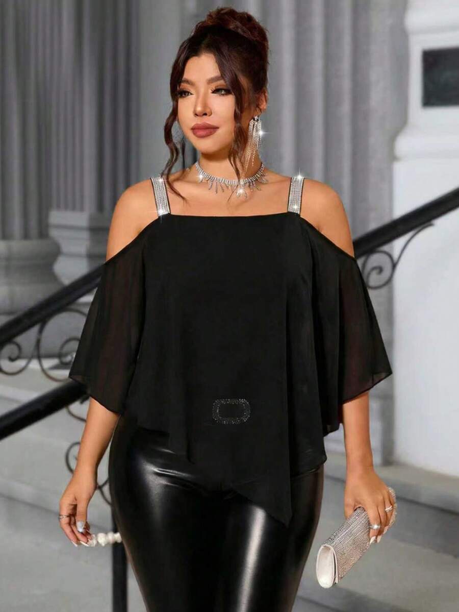 SHEIN Clasi 大码女式黑色薄纱蕾丝肩带露背半透明上衣 黑色优雅上衣 黑色肩带上衣 黑色蕾丝派对上衣 女式薄纱黑色上衣 黑色露肩上衣 - 黑色 - 查看 1