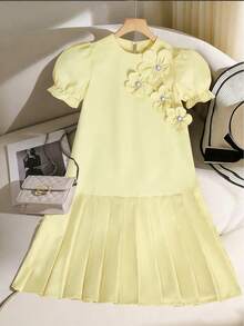 Vestido con decoración floral 3D, dobladillo plisado, para niña preadolescente, de moda casual y versátil, adecuado para primavera y verano - Amarillo - Ver 6