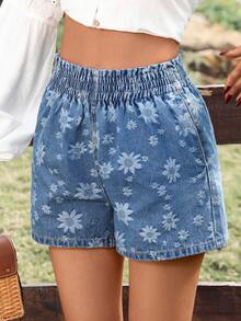 SHEIN Holidaya 印花复古牛仔短裤女款，A字阔腿热裤，高腰宽松显瘦夏季新品 - 中等水洗藍 - 查看 4