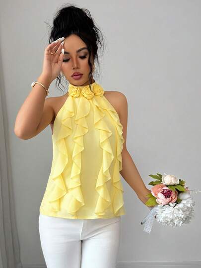 SHEIN Elenzya Áo kiểu nữ mùa xuân hè thanh lịch, sang trọng màu vàng nhạt, chất liệu chiffon mỏng nhẹ, cổ yếm, không tay, thiết kế hở lưng, điểm xuyết hoa 3D bồng bềnh, kiểu dáng lãng mạn, mềm mại, thích hợp cho hẹn hò Valentine, dự đám cưới, đi nghỉ dưỡng suối nước nóng, bãi biển, biệt thự, vườn tược, du lịch, đi làm, dã ngoại, nghỉ mát.